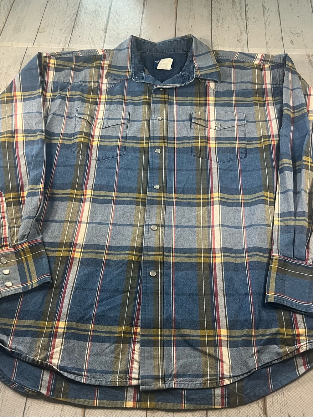Vintage Wrangler Pearl Snap Shirt Plaid Blue Western Flannel Men's Sz 2XL